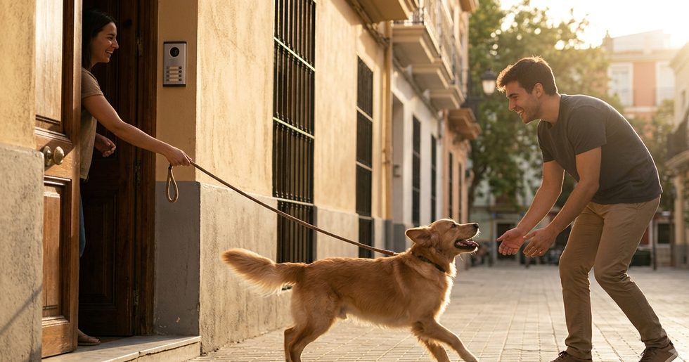 Una dueña entrega la correa de su perro al cuidador en la puerta de casa