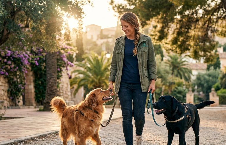Cuidadora paseando a dos perros por un parque de Alicante