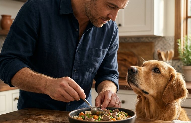 Cuidador preparando la comida de un perro en la cocina